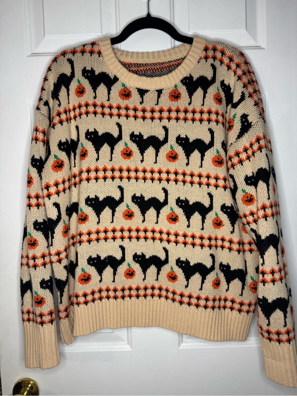 Halloween Black Cat Pumpkin Knit Sweater Cream Orange XL XXL